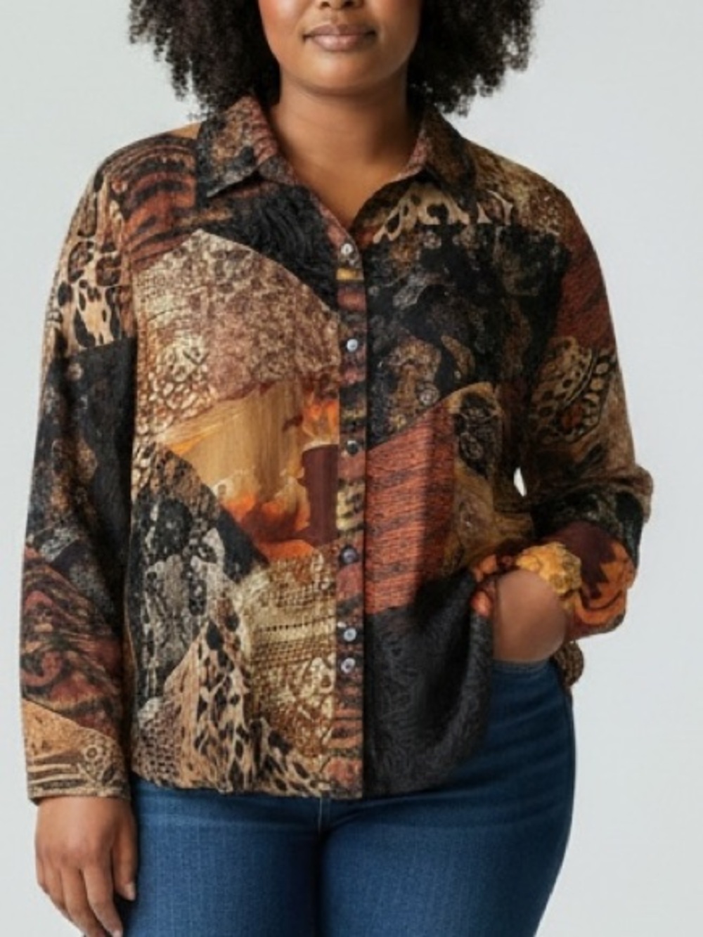 CHICO'S patchwork blouse artsy animal print and sheer silk blend fabric LARGE